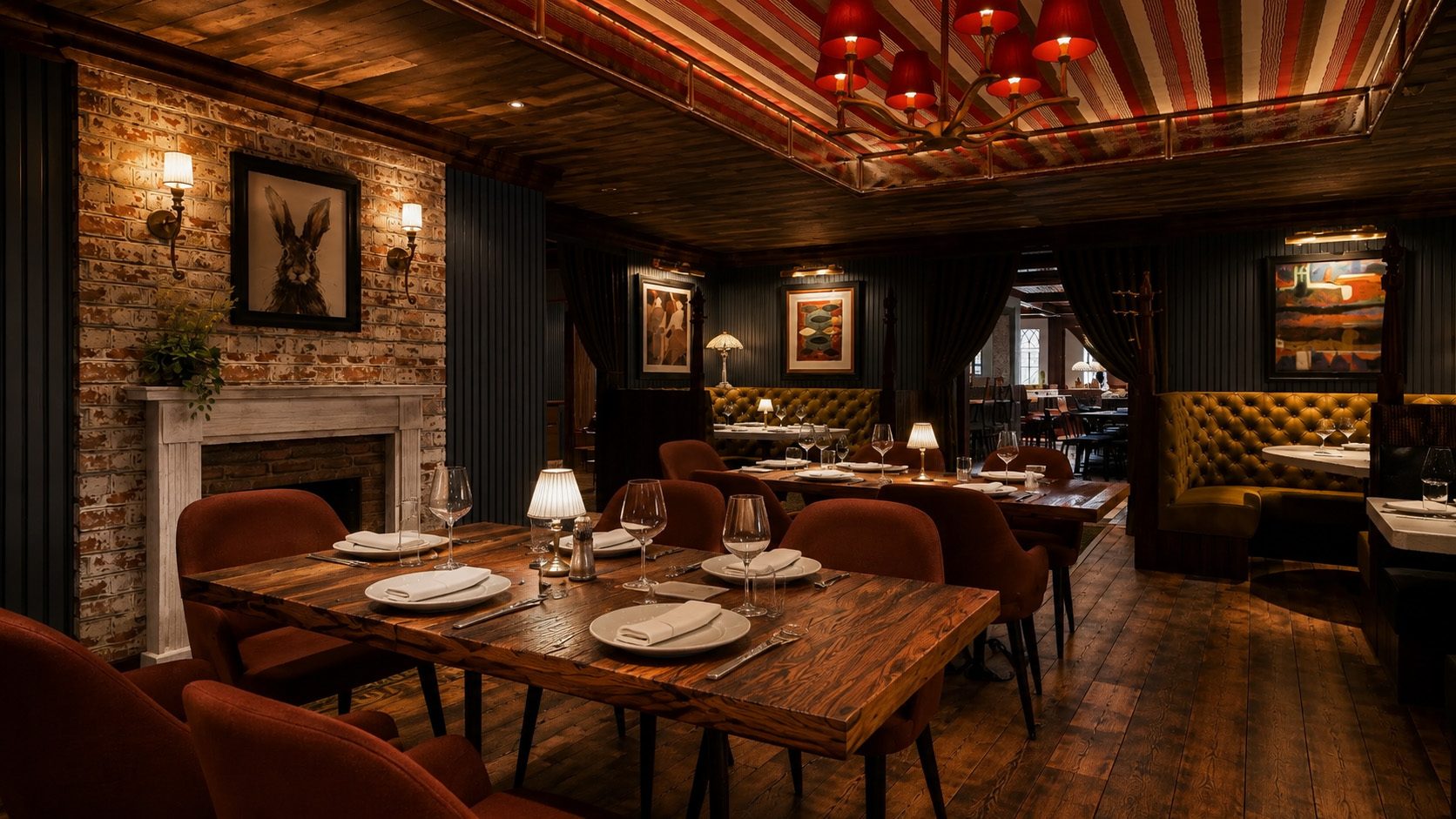 Design concept: a hare portrait above a marble mantel, tufted banquettes and red shaded lamps